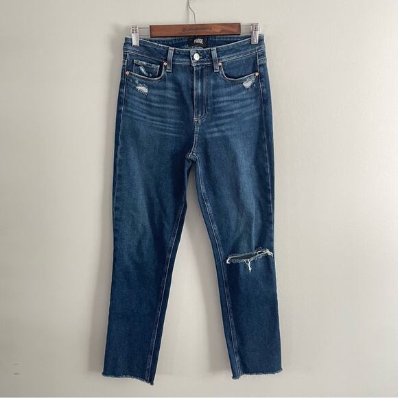 Paige | Women’s Hoxton Slim Raw-Hem Jeans Slopes Destructed Dark Wash Raw Hem 28 - Picture 2 of 10